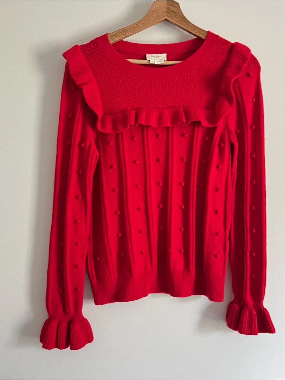 Kate Spade New York Ruffle Sweater X-Small Wool Blend Red Swiss Dot Preppy Knit